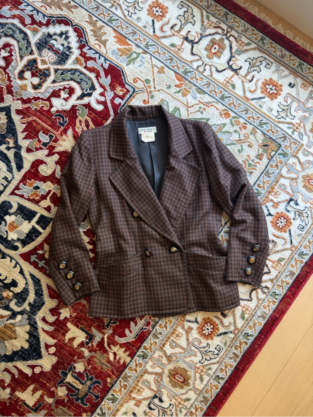 1980s Yves Saint Laurent Rive Gauche Alpaca Check Double Breasted Blazer 38
